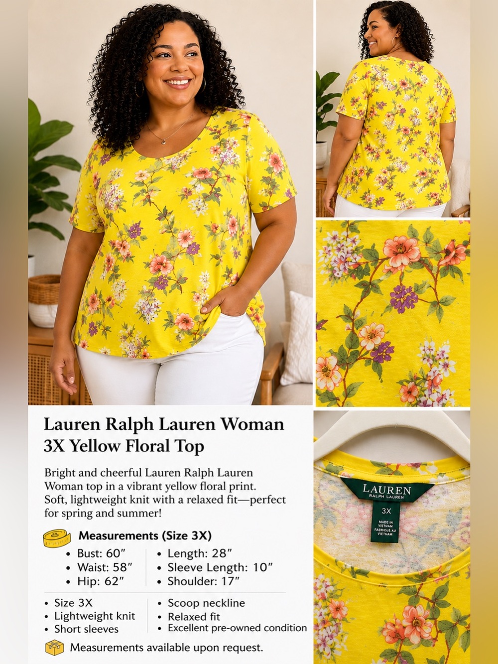 Lauren Ralph Lauren Woman 3X Yellow Floral Lightweight Knit Top Plus Size - Picture 2 of 2